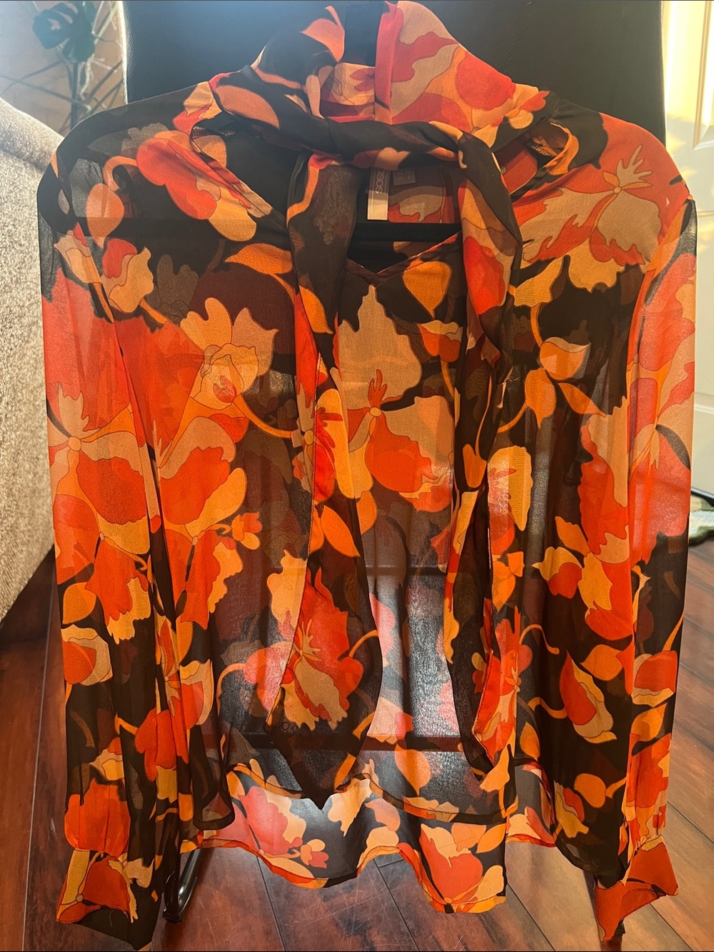 ASOS Black Floral Sheer Tie-Neck Blouse with Orange and Yellow Print